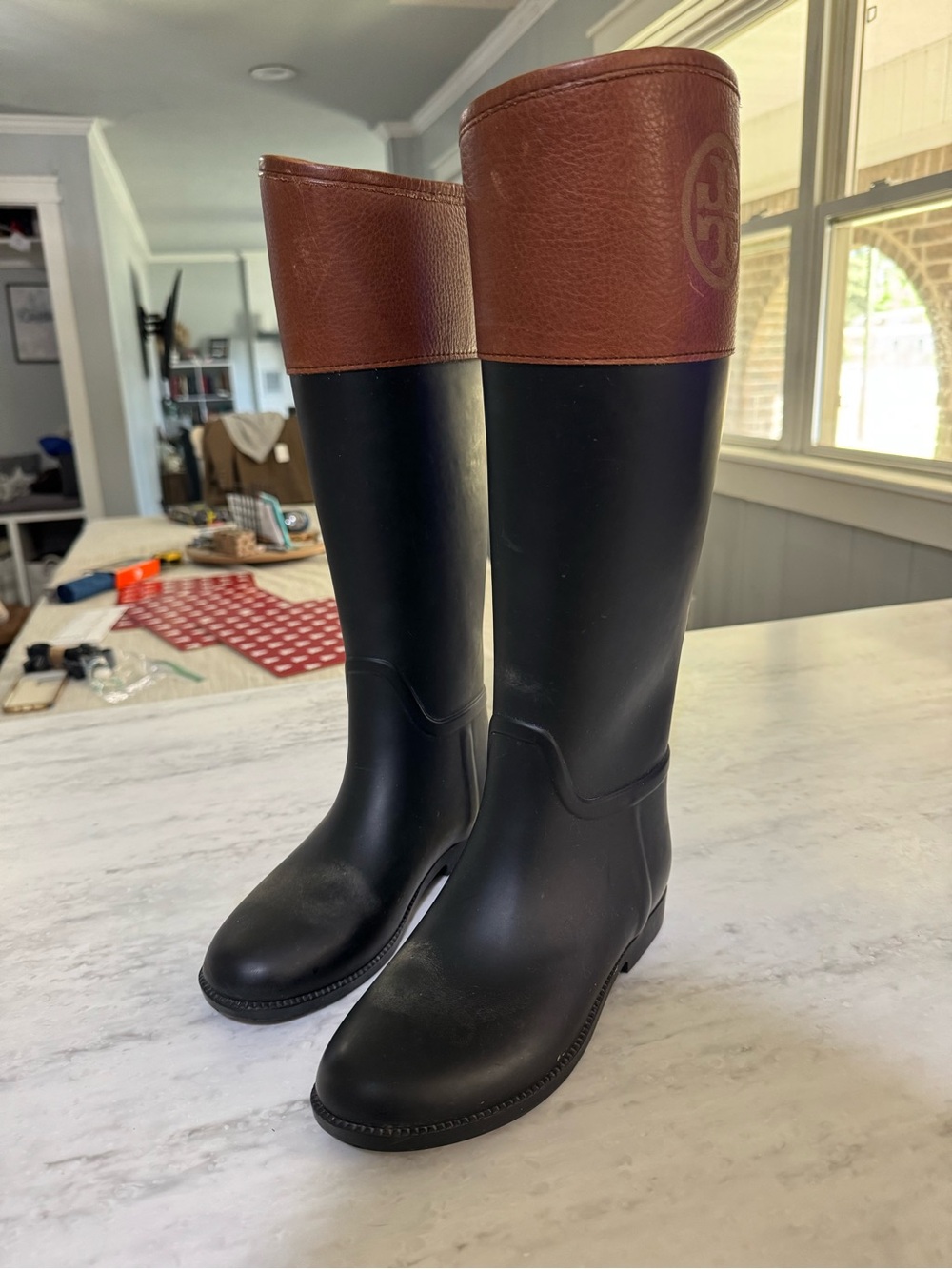 Tory Burch Two-Tone Black & Brown Tall Rain Boots